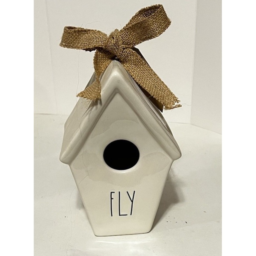 Rae Dunn FLY Birdhouse Slanted Roof White Black Letter Burlap Ribbon